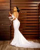 2022 Abiti da sposa sexy a sirena araba africana Collo gioiello Illusion Perline di cristallo Maniche lunghe Bottone posteriore Raso Corte dei treni Plus Size Abiti da sposa