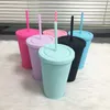 Simple 16 oz Acrylique Maigre Gobelet En Plastique Double Paroi Café Lait Tasse Mat Macarons Coloré Portable Tasses Avec Couvercle Plat