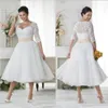 Vintage 2022 Lace Appliques Plus Size Bohemian Wedding Vestidos com Sheer Half Sleeves 1950's V Neck Chá Comprimento A Linha Beach Vestidos Bridais
