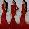 2022 Bling Red Evening Prom Klänningar Bateau Neck Långärmad Baklösa Sequins Mermaid Afrikanska Sexiga Formella Kappor Vestidos De Fiesta Robe Soiree