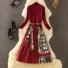 Retro Print Pleated Dress Women Elegant Knitted Patchwork Long Midi Dress Autumn Winter Long Sleeve Vintage Belt Sashes A100 F1215