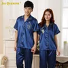 Appliques Imitated Silk Homesuit Homeclothes Fashion Style Short Sleeve Long Pants Blue Couple Men and Women Turn Down Collar LJ201112