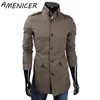 Wholesale- Autumn Hot Sale Men'S Single Breasted Long Trench Coats Mens Fashion Cotton Trench Coat 4 Colors Masculina1