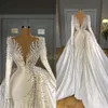 Luxe parels zeemeermin trouwjurken met overskirt v-hals satijn lange mouw bruidsjurken elegante trouwjurk gewaden de Mariée
