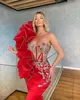 2022 Lyx African Bling Red Mermaid Prom Klänningar En Axel Illusion Silver Beaded Crystal Sweep Train Ruffles Formell Party Dress Evening Gown Wear