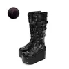 Menina Mulheres Motocicleta Sapatos Senhora Cunhas Altas Saltos Lolita Punk Boots Mulher Princesa Vestido Bombas Rebites 10cm