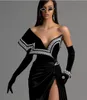 2022 Black Velvet Evening Gowns Sweep Train Off the Shoulder Mermaid Prom Dresses High Slit Pearls Vestidos Formal Celebrity Gowns