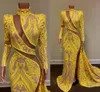 Robes de bal sexy à manches longues 2022 col haut côté fente haute jaune paillettes appliques filles noires africaines robes de soirée sirène PRO121