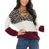 패치 워크 여성 레오파드 프린트 스웨터 긴 소매 V 넥 스웨터 패션 캐주얼 느슨한 가을 겨울 여자 여성 후드 S-2XL E111702