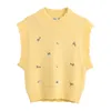 Vintage doux floral broderie jaune tricoté gilet pull femmes mode col haut sans manches femme gilet chic hauts 201204