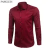 Marca vino rojo fibra de bambú camisas de vestir para hombre Slim Fit manga larga Chemise Homme Casual botón abajo elástico formal camisa masculina C1210