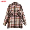 Tangada Frauen Grün Plaid Muster Dicke Mäntel Jacke Lose Lange Ärmel Tasche Damen Elegante Herbst Winter Mantel 3H107 201112