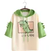 Women Dinosaur Sweatshirts With Horns Sweet Style Short Sleeve Cotton Hoodies Girls Green Hoodie Print Hooded Harajuku Pullovers 201031