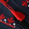 Frauen Vintage Blumenstickerei Kleid Kordelzug Krawatte Quasten Langarm Faldas Festa Casual Marke lose Retro Kleider QZ2611 T200416