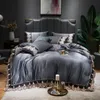 4pcs Lace Washed Silk Bedding Set Satin Duvet Cover Set with Flat Sheet Zipper Closure Queen King 6 Colors