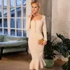 Modern Tea Length Mermaid Prom Dresses Square Neck Long Sleeve Bodycon Tail Gowns Ruffles Bottom Short Lady New Year Event Wear 326 326