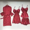 Frauen Nachtwäsche Sexy Reine Farbe Satin Eis Seide 4-stück Robe Sets Frauen Pyjamas Korea Spaghetti-trägern Shorts Pijamas nachtwäsche1