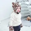 Ny Höst Vinter Varm Baby Leopard Plush Hat Mitten Set Barn Babys Earmuff Hattar Beanie Handskar Kids Hat + Handskar 2st / Set