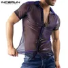 Мужские повседневные рубашки сетчатые рубашки мужчины с коротким рукавом отворотный сплошной цвет прозрачный шикарная вечеринка сцена производительности 2021 Camisas Hombre Incerun1