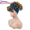 Kort Afro Kinky Curly Headband Wig 1B / 27 Blond Ombre Full Machine Made Syntetic Hair Scarf Paryk för Black Women Wrap Head Band Wig