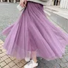 Fashion High Waist Woman Skirts Elegant Saia Casual White Mesh Black Long Pleated Skirts Female Faldas Mujer Solid Color Q3353 Y1214