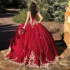 Vestido de esferas de ouro frisado vermelho Quinceanera Vestidos Pageant Vestido de 15 Anos Años Quinceañera Tamanho personalizado