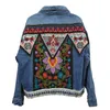 Boho denim jacka för kvinnor höst blommiga applikationer broderi vintage coat långärmad ytterkläder kvinnlig jacka coatee b025