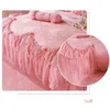 Koreaanse roze prinses beddengoed sets sprei 4/6 / 8 stks jacquard satijn zijden dekbedovertrek ruches kant beddclothes bed rok katoen T200706