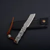 1Pcs New Small Damascus Fixed Blade Knife VG10 Damascus Steel Tanto Point Blade Full Tang Bamboo Handle With Leather Sheath