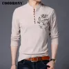 Coodrony中国風マンダリンカラーTシャツメンズ長袖コットンTシャツ男性服リネティーシャツHomme TシャツT006 201116