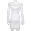 White Feather Fur Patchwork Bodycon Dress Women Kawaii Hooded Long Sleeve Sexy Short Party Y2K Dresses Christmas 2021 IAMHOTTY Y0118