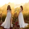 New Designer Bohemia Wedding Dresses Spaghetti Straps Split Lace Chiffon Bridal Gowns Backless Sweep Train A Line Wedding Dress Custom