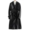 Lautaro Long Black Leather Trench Coat para Mulheres Manga Longa Epaulets 2020 Mulheres Moda Plus Size Couro Overcoat 6xL 7xL T200805