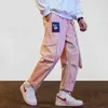 الهيب هوب البضائع شارع السراويل النساء الشريط إلكتروني التطريز ركض اليابانية السراويل عارضة متعددة جيوب الحريم السراويل للجنسين الوردي 210406
