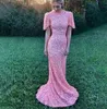 2019 Vintage Sheer Långärmade Röda Prom Klänningar High Neck Mermaid Appliqued Sequined African Black Girls Evening Gowns Pink Blue Dress