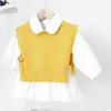 Vår Höst Baby Girls Sweet Candy Färg Stickning Tröja Västskjortor Kläder Satser Barn Koreanska Blus Outfits 211224