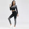 Women Seamless Yoga 2Pcs Sets Fashion Trend Long Sleeve Tops High Waist Leggings Slim Suits Female New Hang Dye Fitness Skinny Tracksuits