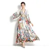 Vacation Flared Sleeve Women Vintage Dress 2022 Runway Designer Floral Printed Slim A-Line Casual Dresses Spring Autumn Fashion Office Lady Elegant Party Maxi Frock
