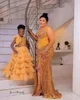 2022 Plus Size Arabisch ASO EBI Gold Mermaid Sexy Prom Dresses Lovertjes Kant Sparkly Avond Formele Partij Tweede Ontvangst Verjaardag Vergaging Bruidsmeisjes Jurk Jurk