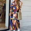 Mulheres elegante botão para baixo camisa longa vestido de verão cadeia impressão lapela vestido de festa casual manga longa maxi vestido de praia vestido x1224