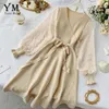 YuooMuoo Romantische Frauen Gestrickte Rosa Party Kleid 2020 Herbst Winter V-ausschnitt Elegante Chiffon Langarm Schärpen Kleid Damen Kleid LJ200818