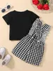 Nowa solidna tee TEE Houndstooth Ruffle Bow Bow Ogólne spodenki Dwuczęściowy zestaw solidnych kolorów i kontrastująca sukienka w kratę