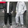 Set Harajuku Japan Men Tracksuit Open Stich Tops Dragon Pattern DrawString Midjebyxor Löst kostym Black White Sportwear LJ201125