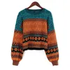 Suéter corto de mujer Retro Chic color de empalme invierno niñas ropa cálida de punto patrón de flores pulóver para mujeres 211221