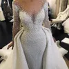 Major beading sereia vestidos de casamento com trem destacável sheer neck peals frisado mangas compridas lindo vestido de noiva 220g