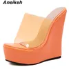 Aneikeh Sweet PVC Slippers Platform Women Wedge Women's Slides Summer Beach Shoes Clear Transparent Solid Shallow Size 4-11 Y200423