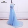 NOBLE WEISS Sexy O-Neck A-Line Sweep Train Tulle Lace Evening Dress Bare Back Cheap Prom Dresses Robe De Soiree Party Dress LJ201120