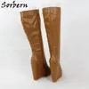 Sorbern Yellow Low Wedge Heel Boots Knee High Platform Bekväma vinterstövlar unisex stilar bred passform eller smal fit kalvanpassad