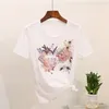 ファッション夏の女性Tシャツの鳥の花刺繍レースピンクの白いTシャツ女性の上