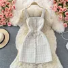 Vrouwen Tweedelige Set Koreaanse Mode Bowtied Collar White Blouse en Spaghetti Strap Single Breasted Mini Tweed Jurk Suits 220216